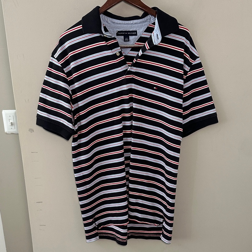Tommy Hilfiger Men's Polo y2k Shirt black red white and blue stripes